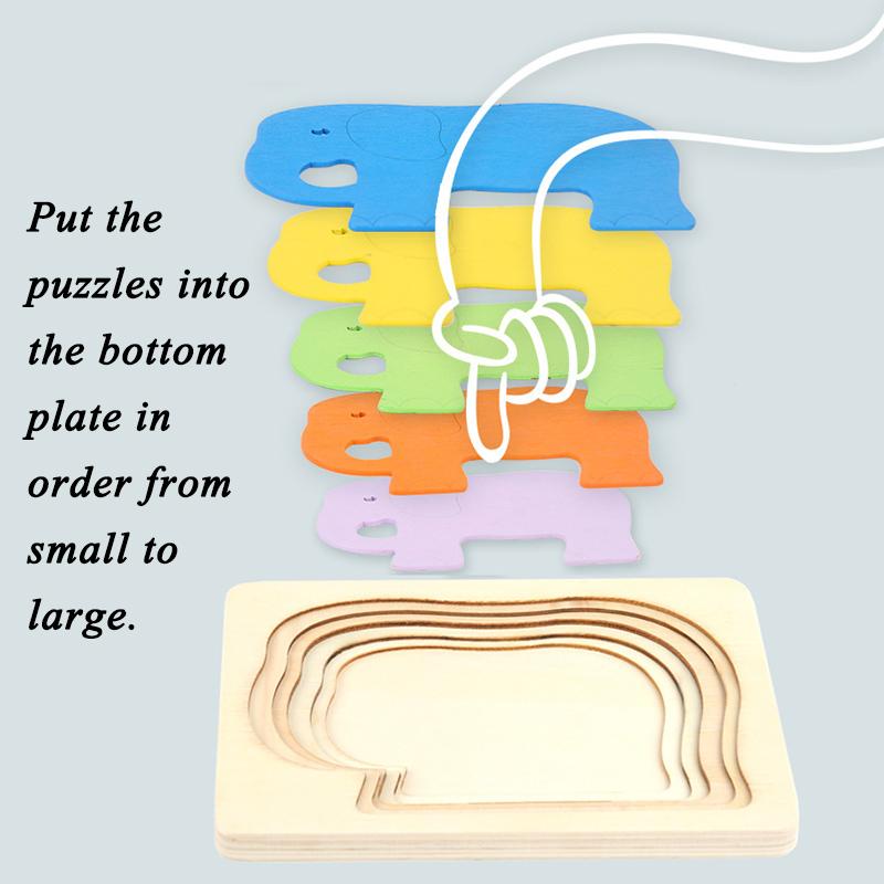 Montessori Panel Animal Puzzle Toy Wooden 3D Multilayer Gradient Color Elephant Duck Puzzle Early Learning Color Cognitive Panel