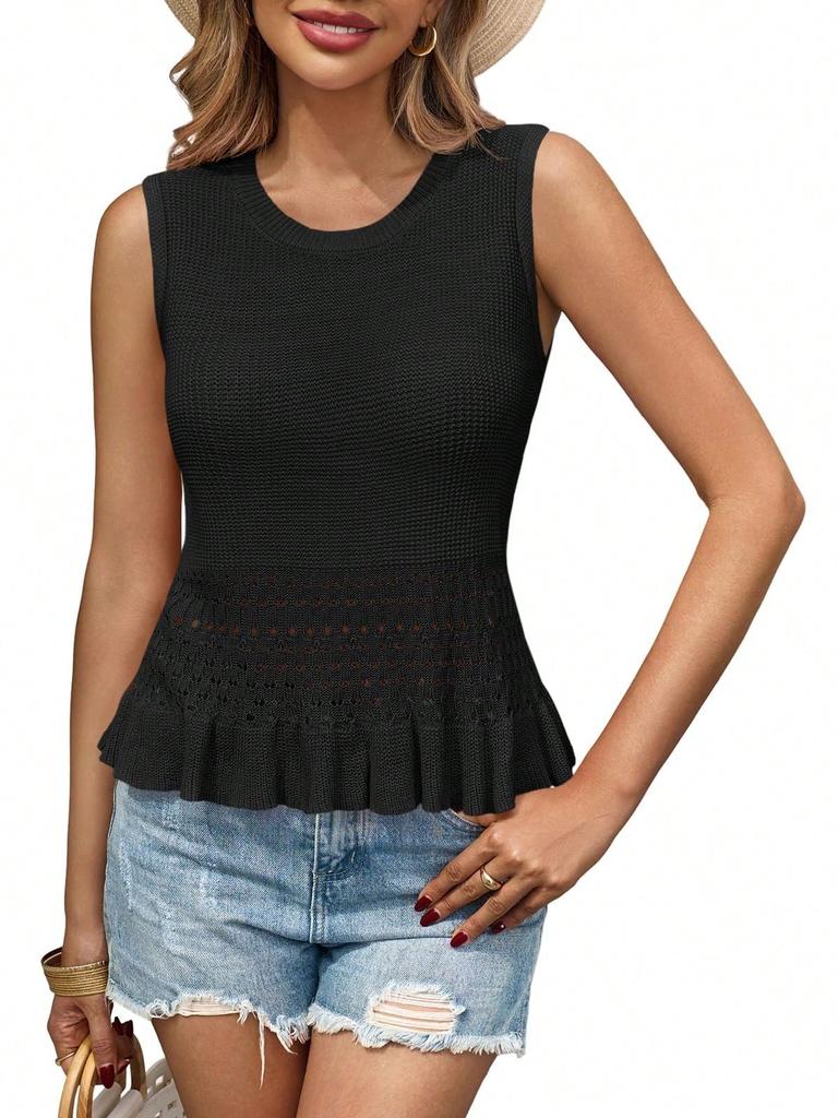 Women's Boho Crochet Crop Tank Top Sleeveless Crew Neck Ruffle Knit Sweater Vest