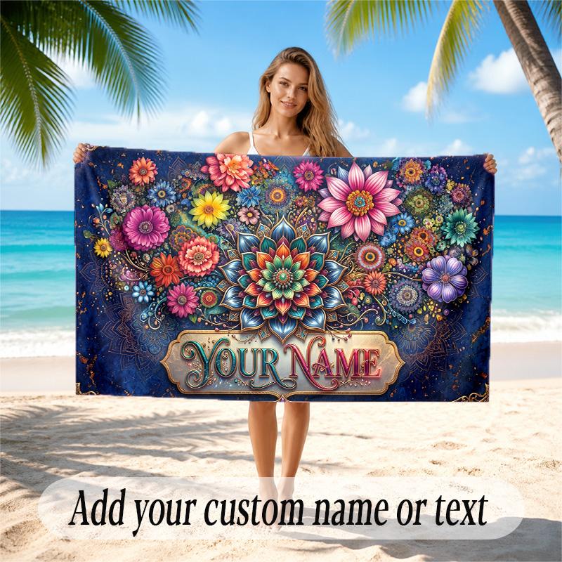 Floral Garden Theme Quick Dry Beach Towel Custom Name Text Print Large Sand Resistant Towel Beach Vacation