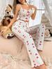 Half Transparent Letter Love Cheery Print Women Pajama Set Button V Cut Neck Top & Full-Length Pants Female 2 Piece Sleepwear