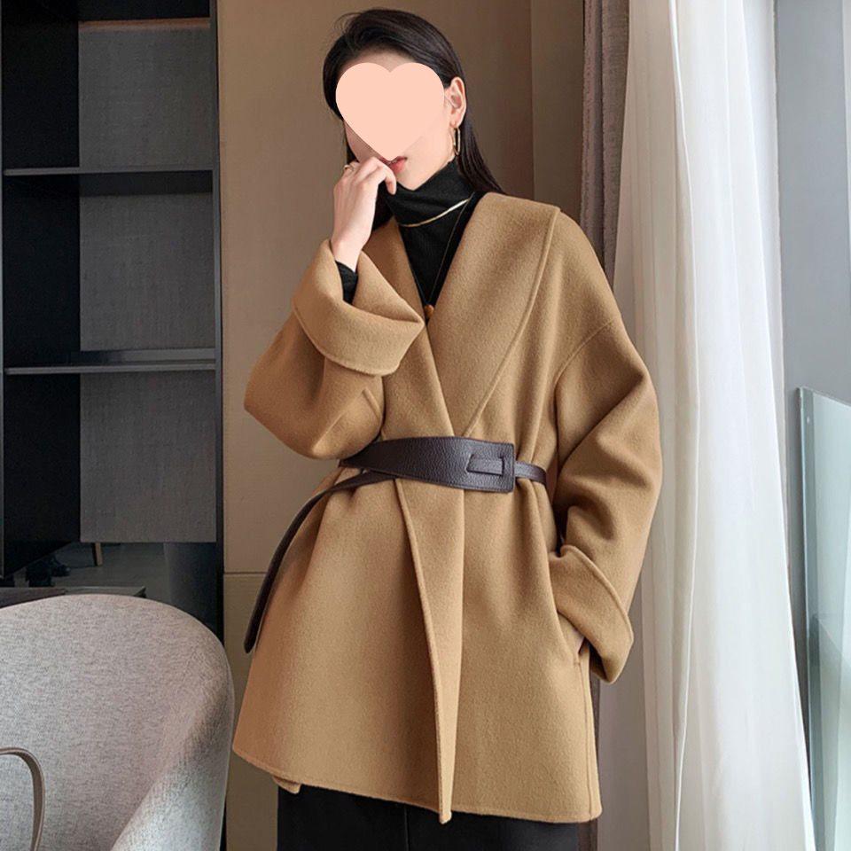 

Двустороннее маленькое шерстяное пальто - в стиле халата, в корейском стиле, приталенное для женщин S верблюд