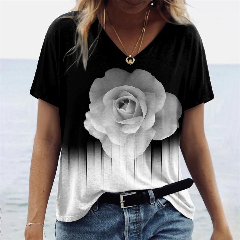 Women's T-shirts Summer Gradient Graphics Tops V-Neck Fashion Female Vintage Clothing Floral Print Tees Loose Oversized T-Shirts