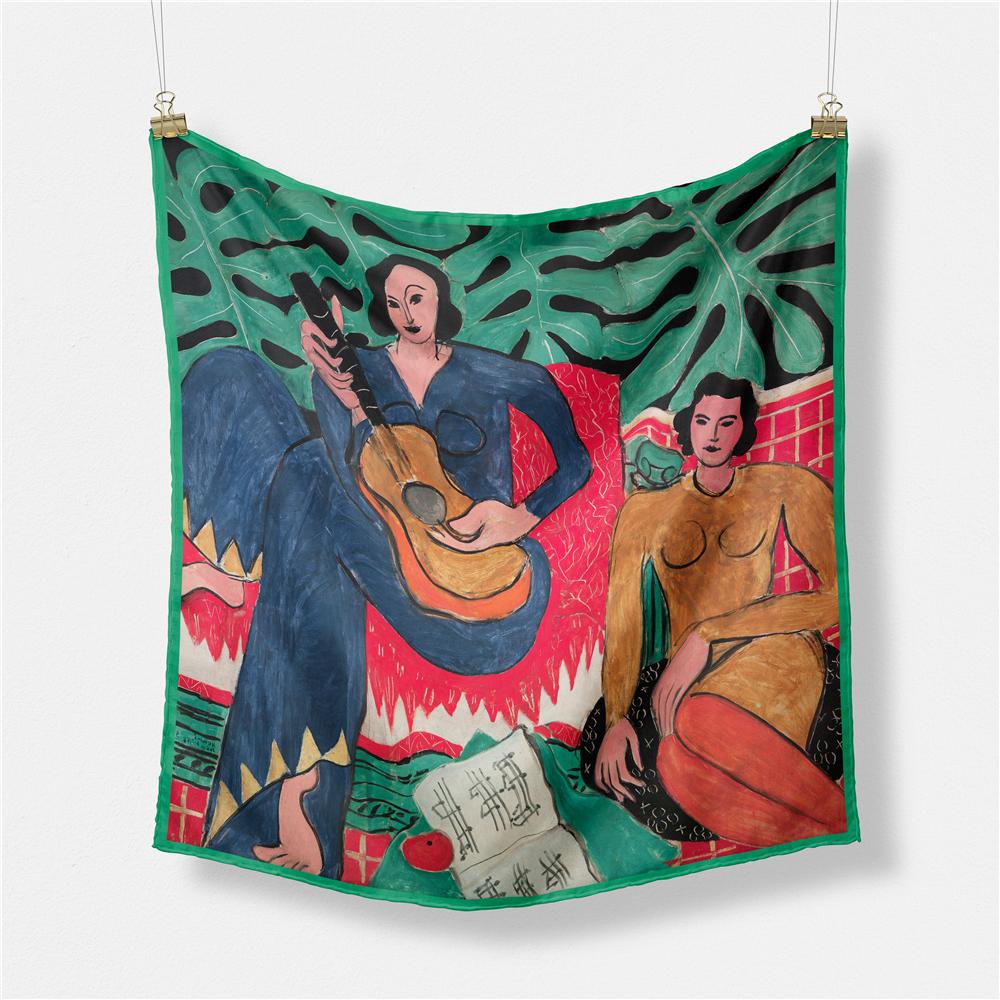 POBING Twill Silk Scarf Women Oil Painting Square Scarves Wraps Bandana Small Hijab Lady Foulards Tie Headband Neckerchief 53CM