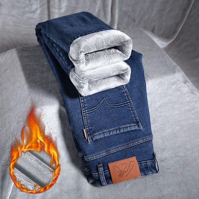 Jeans Autumn and Winter Fleece Thickened Jeans Loose Straight Retro Versatile Elastic Business Casual Pants