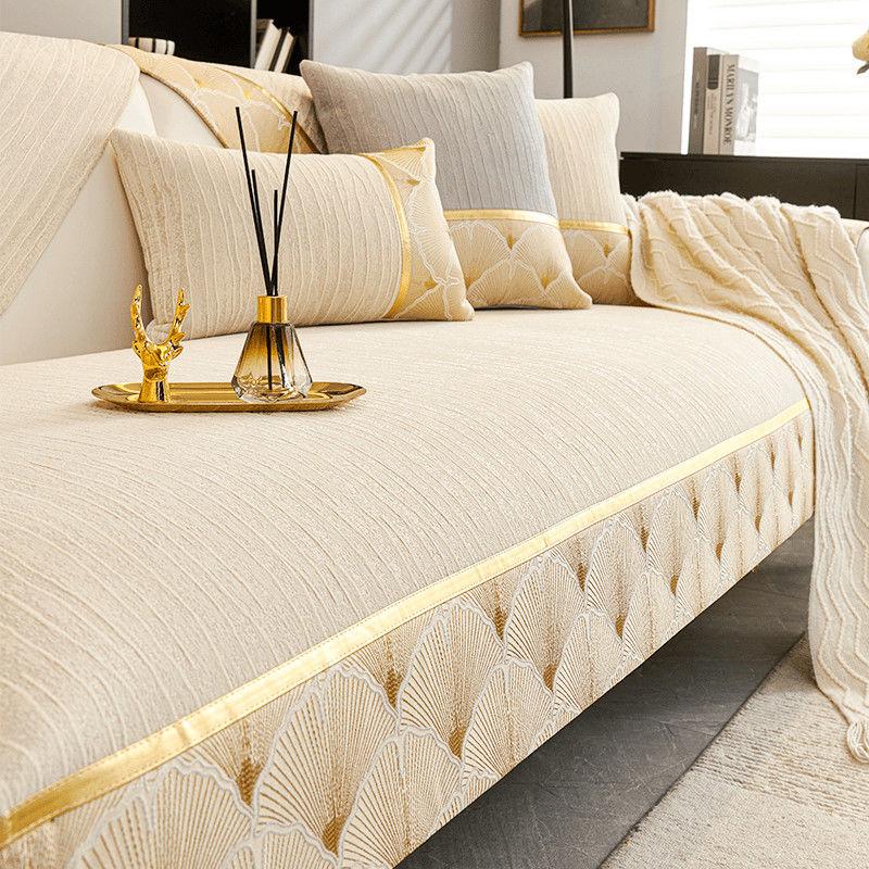 1 Stück Chenille Sofaüberwurf, Rutschfester Sofabezug, Nordischer Sofabezug mit goldenem Rand, Möbelschutz für Schlafzimmer, Büro, Wohnzimmer, Heimdekor