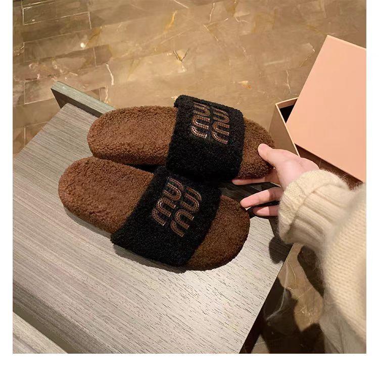 Wool Version~ Fashionable Outer Wear Miu Wind Flat Bottom Outer Wear One Word with Plush Fluffy Slippers Autumn and Winter Fluffy Shoes