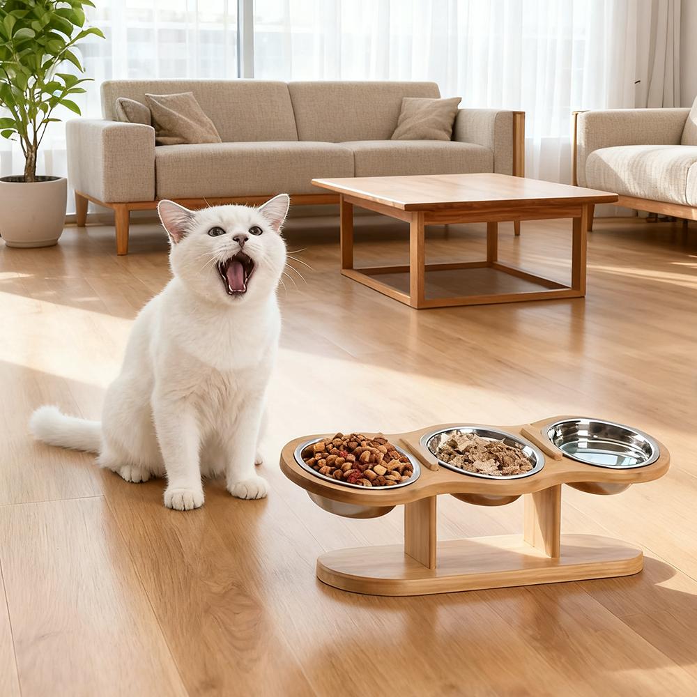 Pet Food Bowl with 3 Stainless Steel Bowls Wooden Pet Bowl Rack  Adjustable and Detachable Suitable for Cats and Dogs