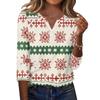 Women's Christmas Print V-Neck Three-Quarter Sleeve T-Shirt with Button Casual Holiday Top
