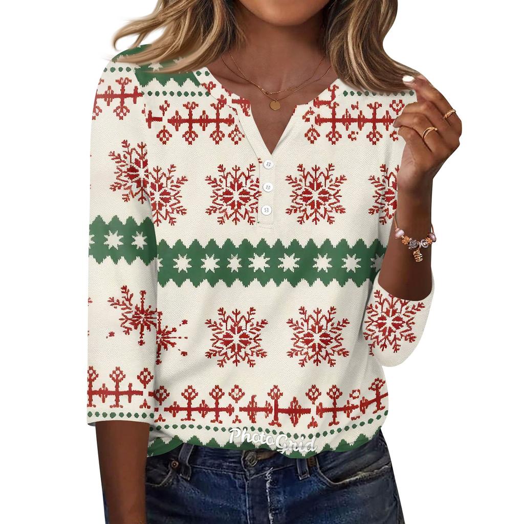 Women's Christmas Print V-Neck Three-Quarter Sleeve T-Shirt with Button Casual Holiday Top