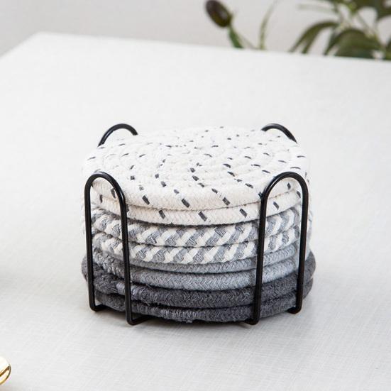 Boho Cotton Coaster Set with Holder Absorbent Heat-Resistant Placemats for Kitchen Dining Non-Slip Reusable Rustic Home Decor for Cups Mugs