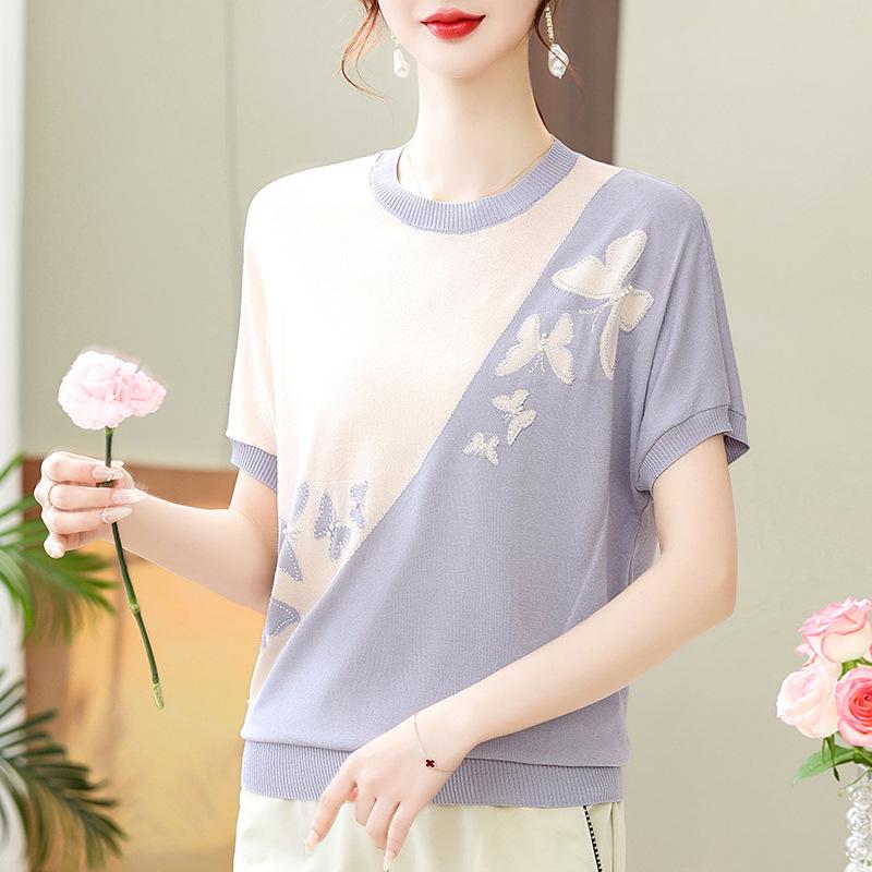 Summer Women's Knit Short-Sleeved Base Layer Top - Stylish for Young Moms & Middle-Aged Women