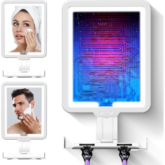 Heated Shower Mirror Fogless for Shaving, 3 Color Dimming Shower Shaving Mirror, 9.5 * 8inch Anti-Fog Shower Mirror with Lights, Wall-Mounted Large 12.2 L x 7 W