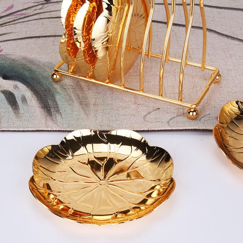 Luxe theeschotel Lotusbladpatroon Vintage theekopjes schotels met metalen standaard Drankonderzetters Theeservies Huisverwarmingscadeau