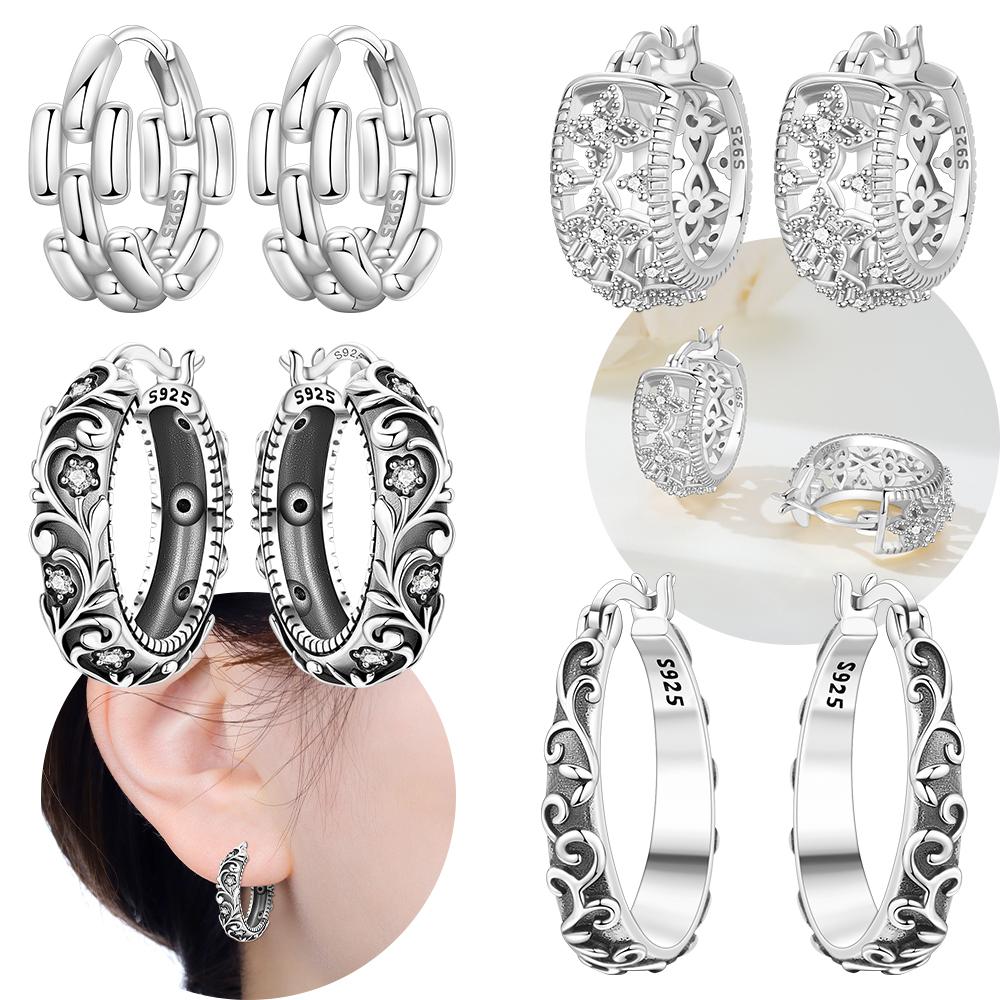 S925 Silver Earring Vintage Black Women's Hollow Earring Delicate Accessory Anniversary Jewelry Fine Gift