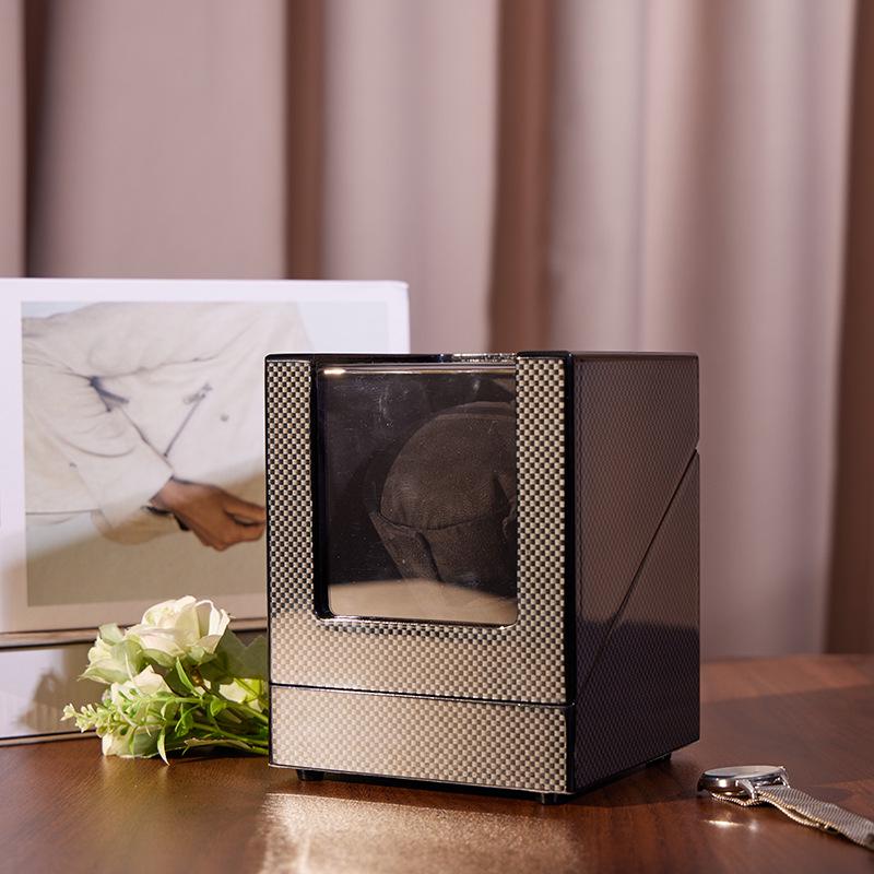 Black Carbon Fiber Single Watch Winder - Automatic Electric Rotator for Mechanical Watches.