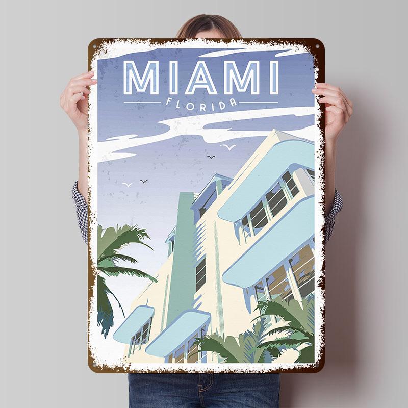 Miami Vintage Travel Metal Poster Custom Wall Art Retro Vintage Tinplate Signs for Man Cave Decoration Home Decor Items House