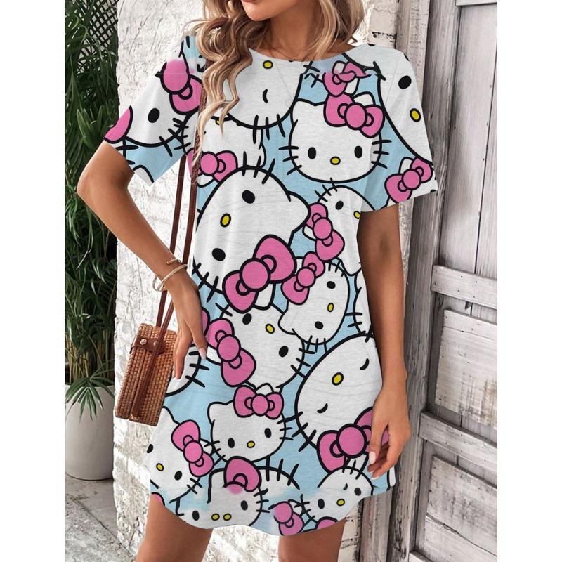 

Элегантное и Красивое Женское Платье Летнее Новое Hello Kitty Сексуальная Короткая Юбка Женское Платье Мини с Круглым Вырезом L