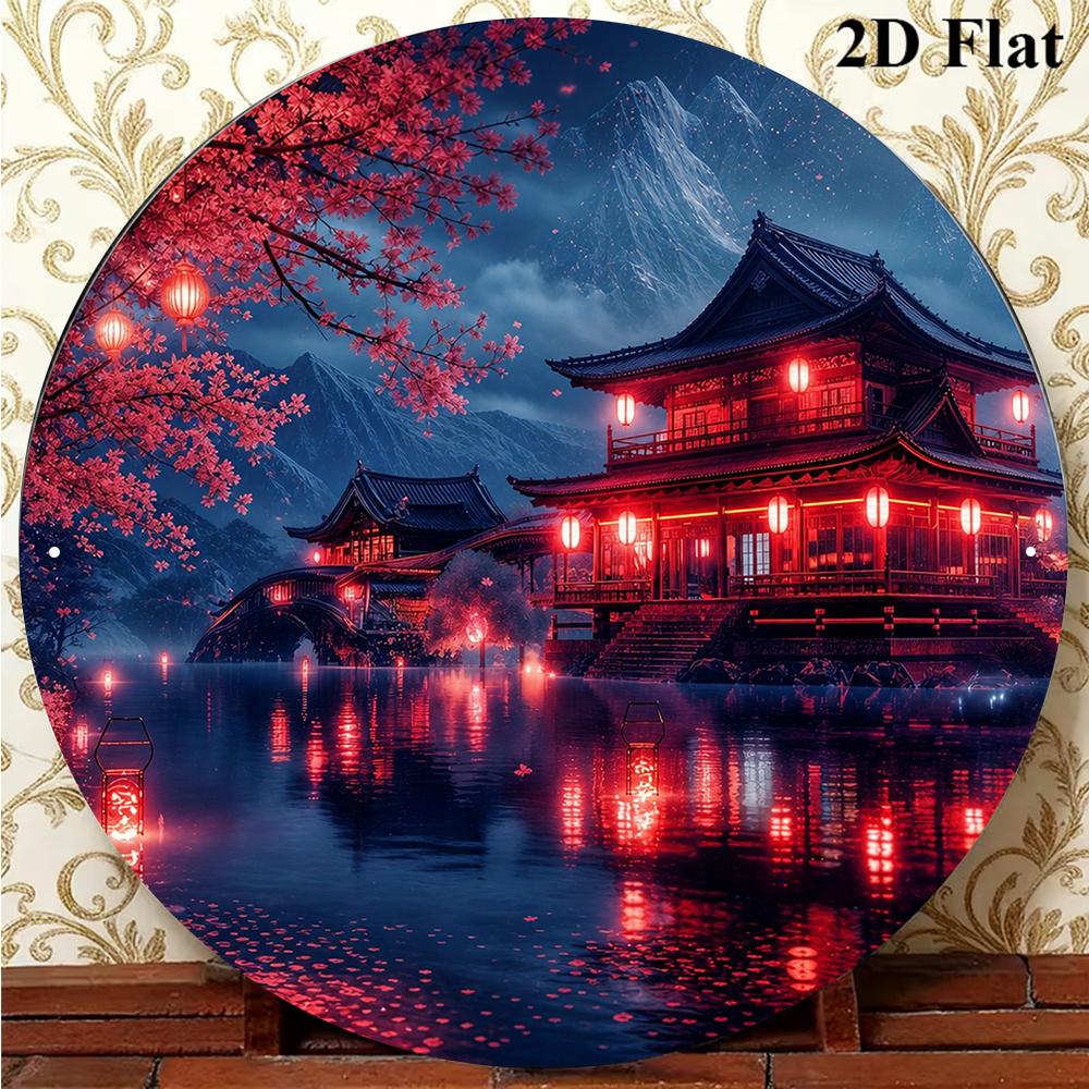 D Round Aluminum Sign xin Japanese Cherry Blossom Night Scene Vintage Plaque Home Cafe Wall Decor Gift