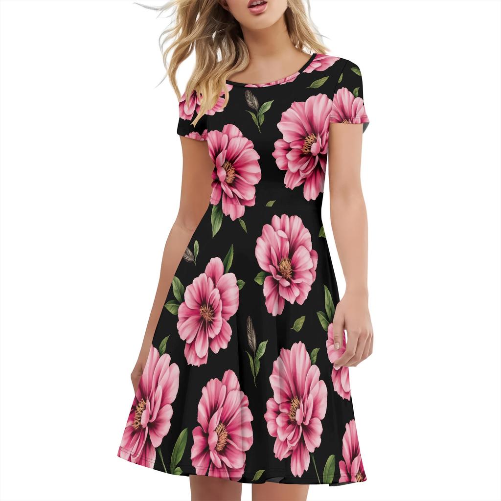 Summer Dress for Women Casual T-shirt Short-sleeved Dress Swing Flowy Beach Vacation Suspender Skirt