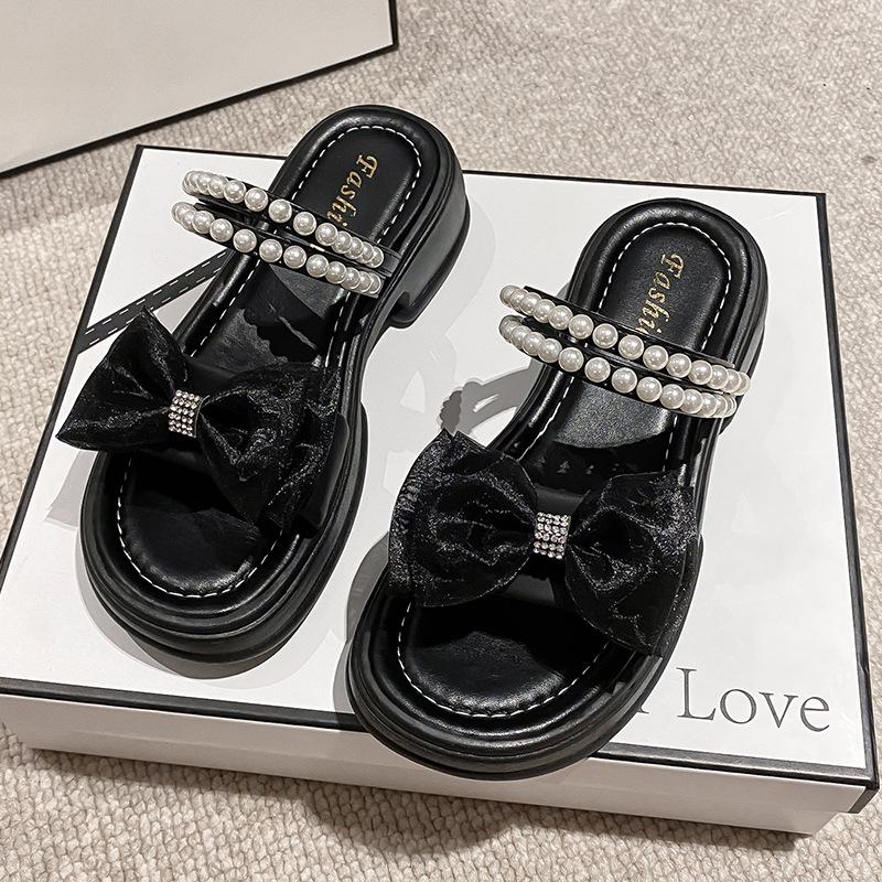 New Flip-flops, 2024 Summer Wear Muffin Platform College Bow Open-toed Pearl Women's Shoes, Campus Fashion Sandals