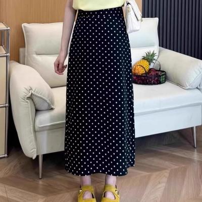 Korean Plus Size Polka Dot High Waist Slit Midi Skirt