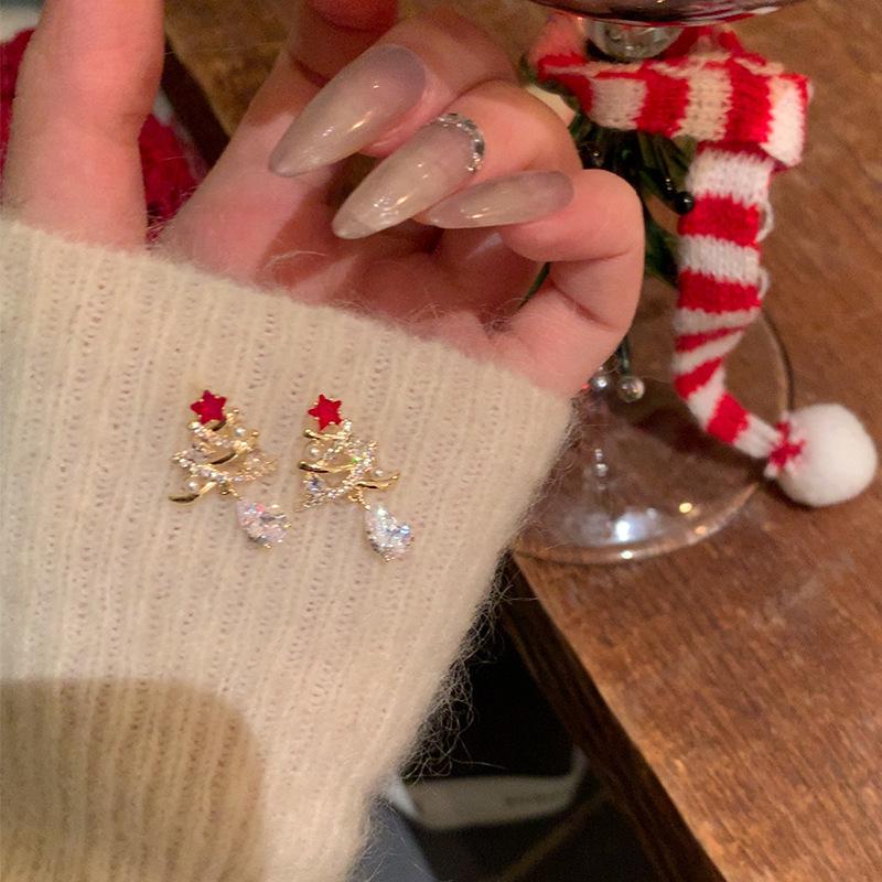 Festive Red Bow & Silver Needle Christmas Heart Hoop Earrings for Women