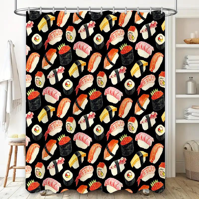 Sushi Shower Curtain Japanese Food Decor Washable Bathroom Set Artistic Ocean Seafood Pattern Home Decor Kitchen Backdrop
