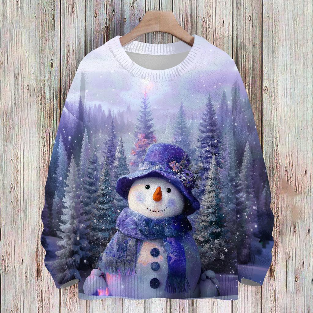 Ladies' Fashionable And Casual Christmas Cute Printed Round Neck Long Sleeved Knitted Yarn