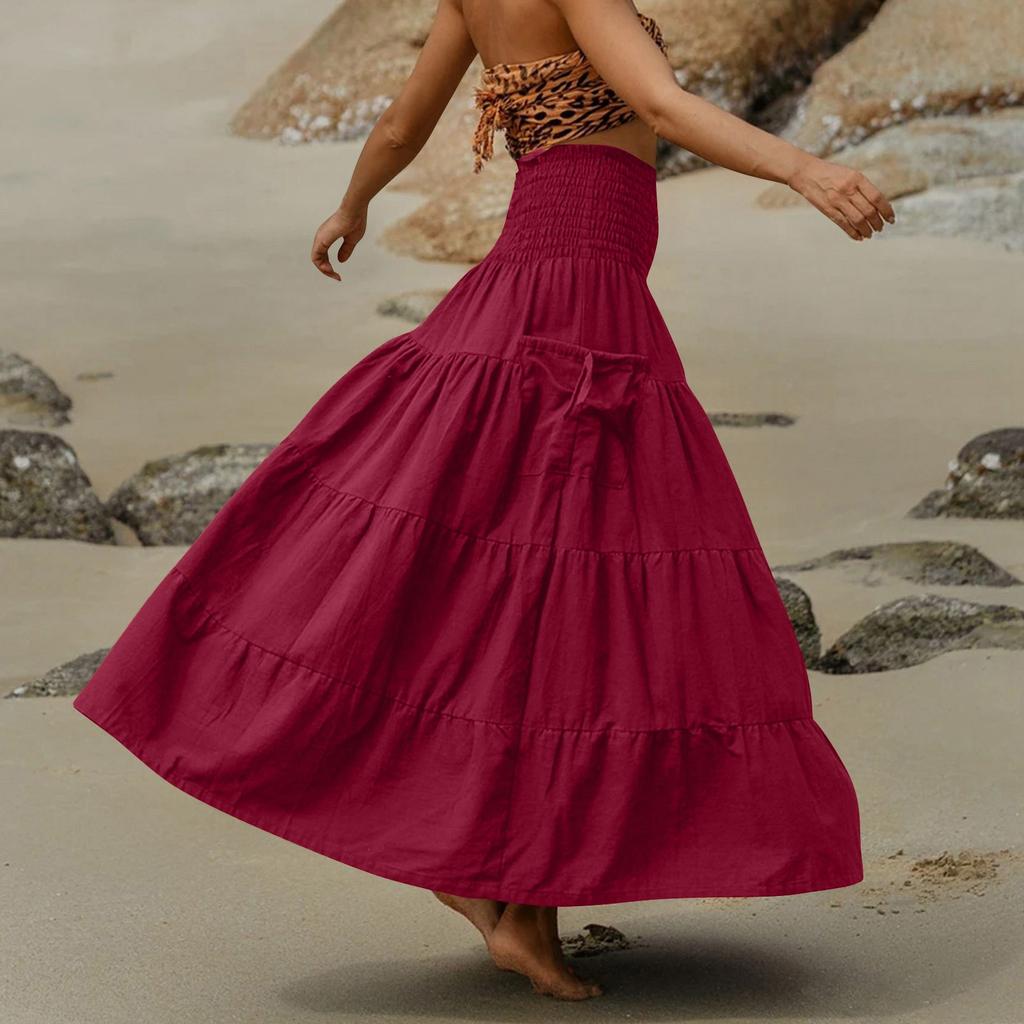 Dámská Módní Barevná Poloviční Sukně Bohemská Volná Dlouhá Sukně S Kapsami, Dvojí Nošení Zavinovací Sukně