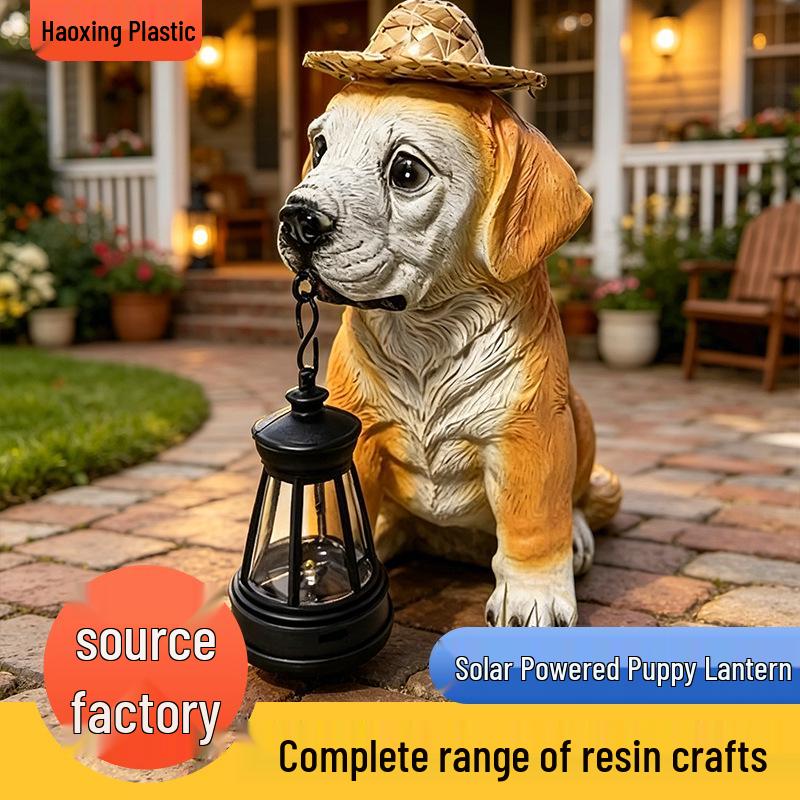Solar Resin Dog with Grass Hat Lantern - Garden Decorative Lamp Ornament