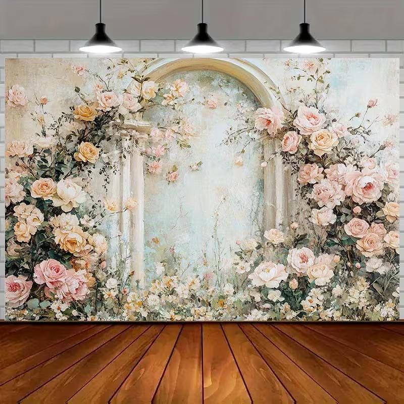 2D Vintage Floral Arch Backdrop Pastel Rose Photography Background