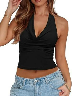 2025 Spring/Summer Sexy Deep V-Neck Halter Backless Bowknot Slim Fit Women's Top