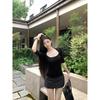 Kumikumi Pure Desire Style Suit Black Sexy Half Sleeve T-shirt Female Autumn High Waist Slimming Skirt Two-piece Set