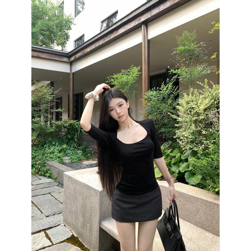 Kumikumi Pure Desire Style Suit Black Sexy Half Sleeve T-shirt Female Autumn High Waist Slimming Skirt Two-piece Set