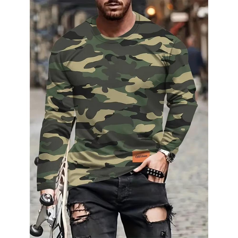 Camiseta Masculina de Manga Longa Camuflagem Caça Estampa Gráfica 3D Camiseta Masculina Moda Tops Camisetas Top para Exterior Camo Roupas Femininas
