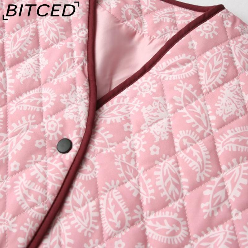 BITCED Women's Autumn/Winter Fashion Casual V-Neck Printed Quilted Cotton Patchwork Jacket