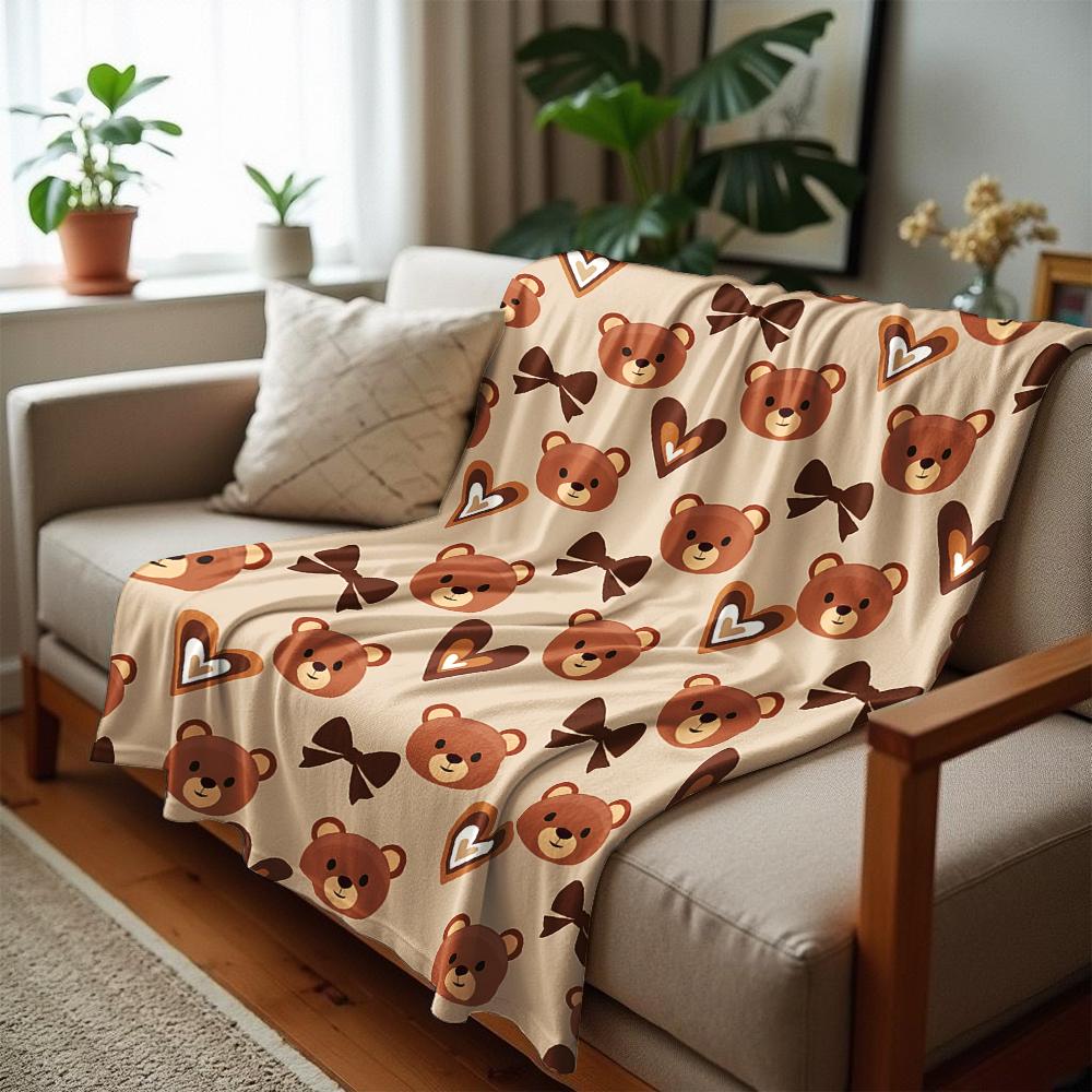 Teddy Bear Heart Bow Soft Flannel Blanket Breathable Warm Throw for Office Car Sofa Kids Room Birthday Xmas Gift