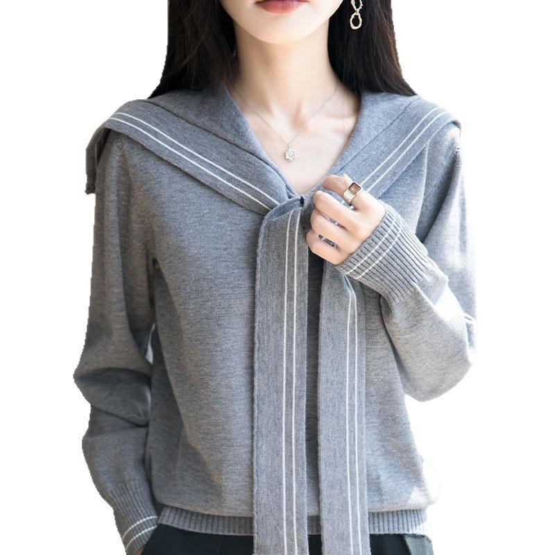 Jarní a podzimní pletený svetr v kolejním stylu s námořnickým límcem, top s dlouhým rukávem, zeštíhlující a mladistvý, s výklenkovým designem pro ženy