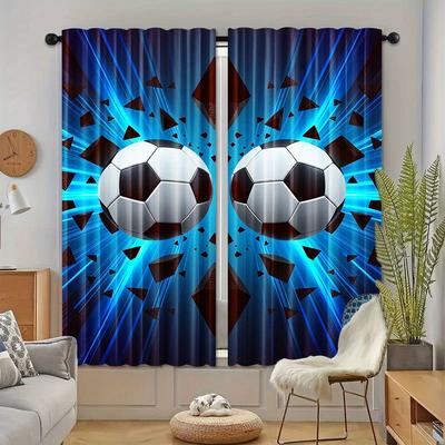 Soccer Themed Curtains Vibrant Blue Black Design Football Lightning Bolt Patterns Polyester Curtain Set Of 2 Made Washable