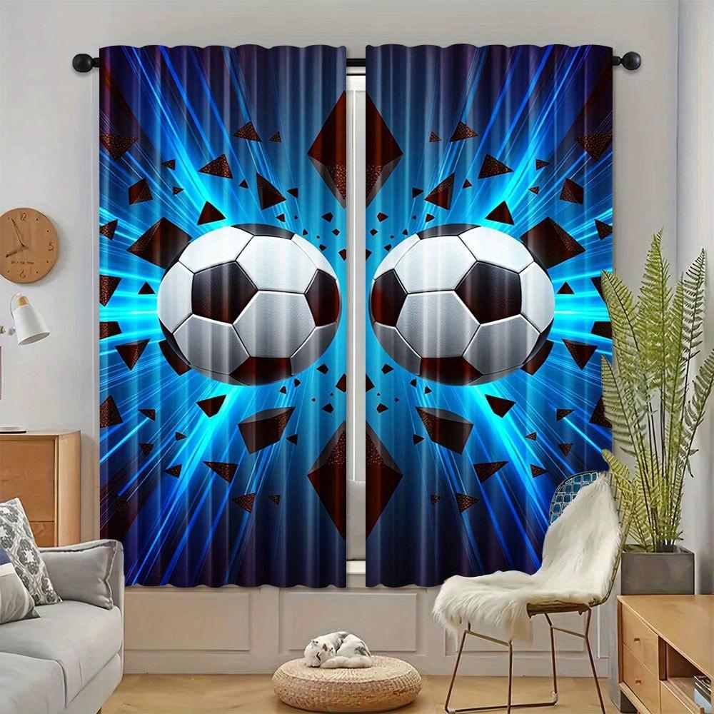 

2 шт. Шторы на футбольную тематику - Яркий сине-черный дизайн с узорами в виде футбольных мячей и молний, Машинная стирка, Полиэстер, 53x116cm 2pc&Without mount