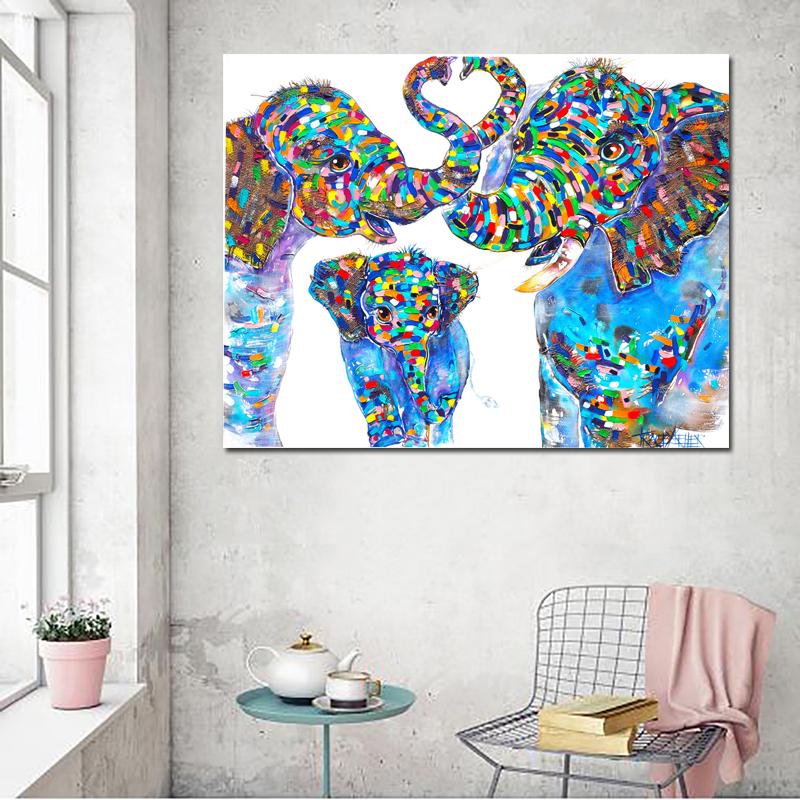 Watercolor Elephant Family Canvas Painting Wall Art Animal Poster For Living Room Canvas Art Print Blue Color  No Frame