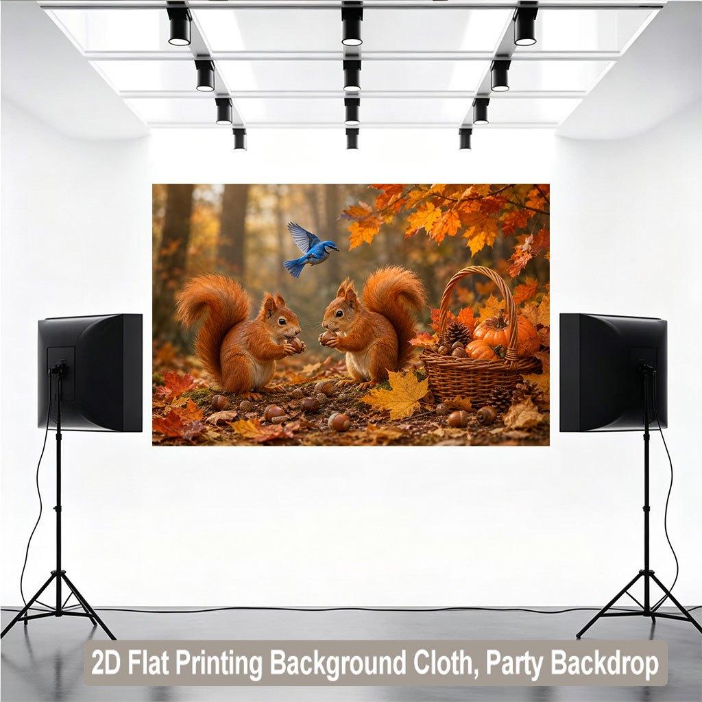 1 Piece of 2D Flat Background Fabric Autumn Forest Animal Gathering Nuts Background banner.PMJ