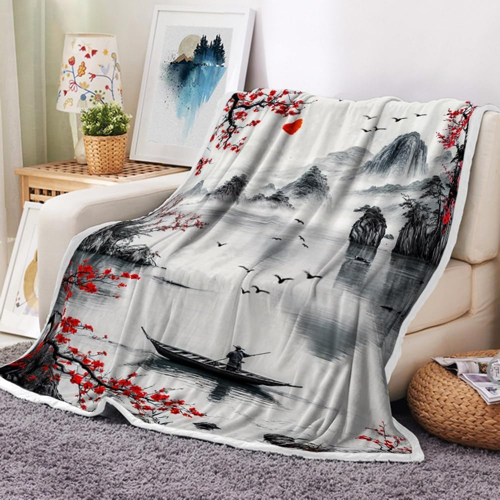 GUOYU Blanket Japanese Cherry Blossom Blanket Asian Japanese Wave Kanagawa Throw Flannel Blankets for Couch  Bed Asian Anime Mount Red Sun