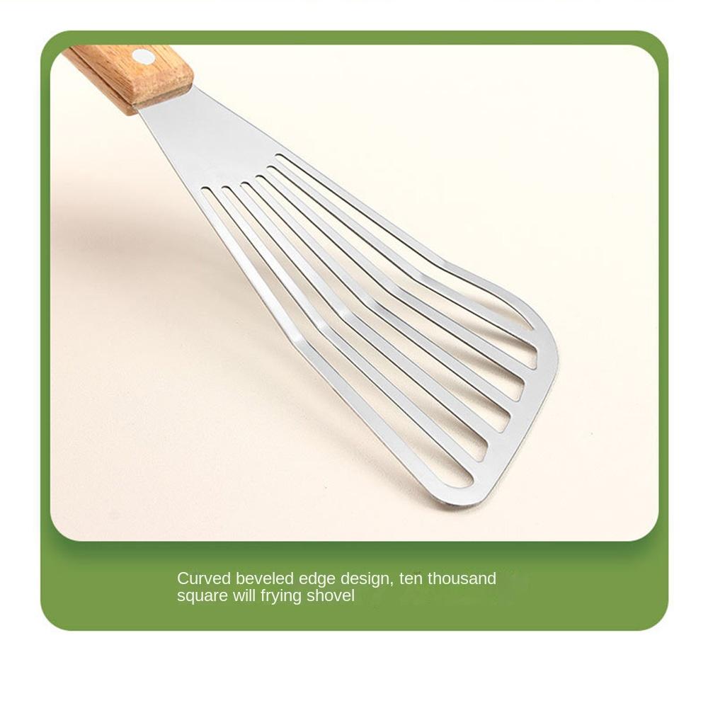Wooden Handle Fish Frying Shovel Stainless Steel Flipping Frying Spatulas Cooking