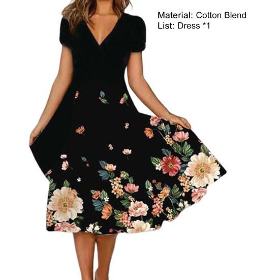 V-Neck Short Sleeve Large Hem Midi Dress Colorful Flower Printing Ladies Casual Dress