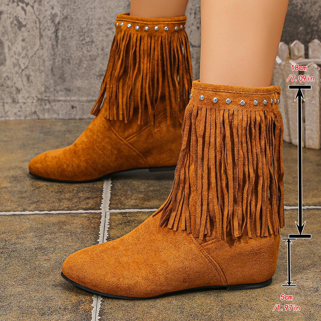 European and American Rivet Western Cowboy Boots Women's Sleeve Boots Flat Bottom Solid Color Tassel Women's Shoes