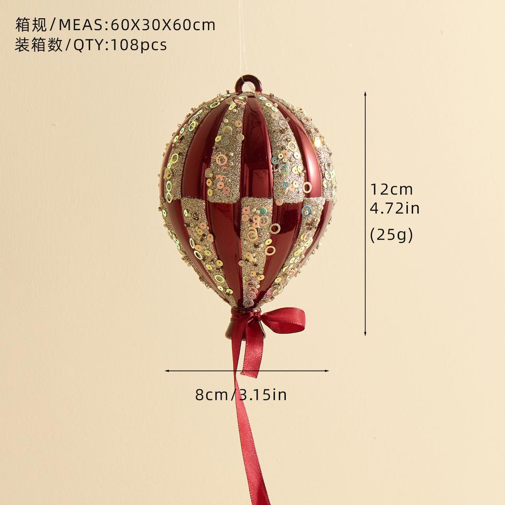 Christmas Hot Air Balloon Pendant - Burgundy Champagne Hand-Painted Ball Ornament for Tree Decor, Artistic Holiday Decoration
