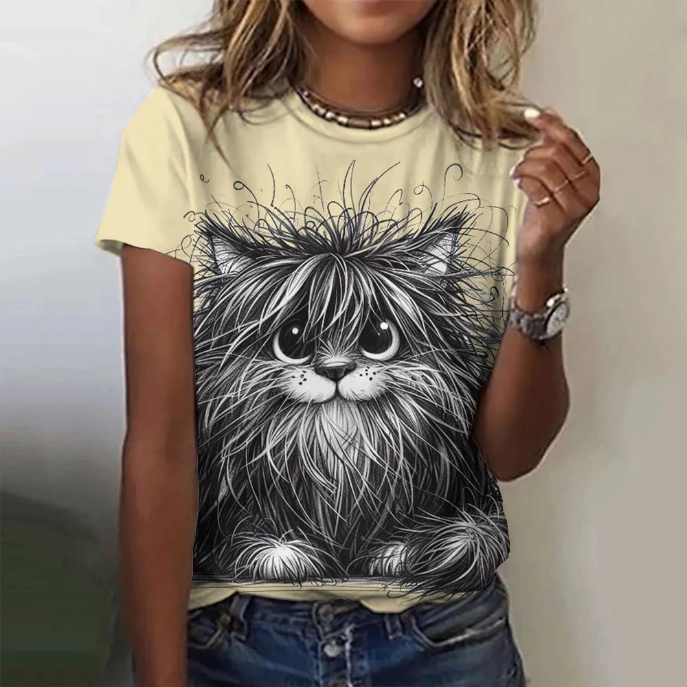 Summer Round Neck 3D Cartoon Animals Print Top Fashionable Casual Short Sleeved Women's T-shirts