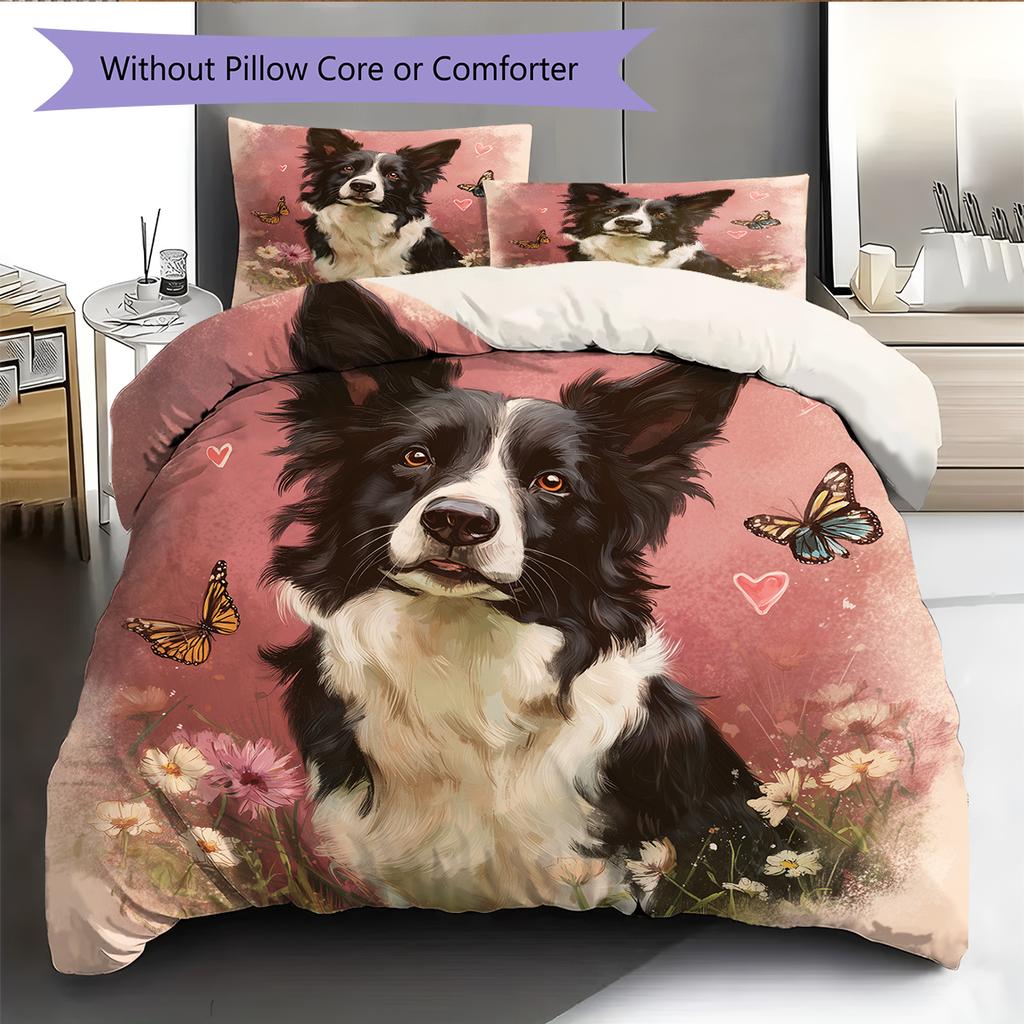 Pink Border Collie Pattern Bedding Home Decoration Birthday Gift (1 * duvet cover + 2 * pillowcase, without core)