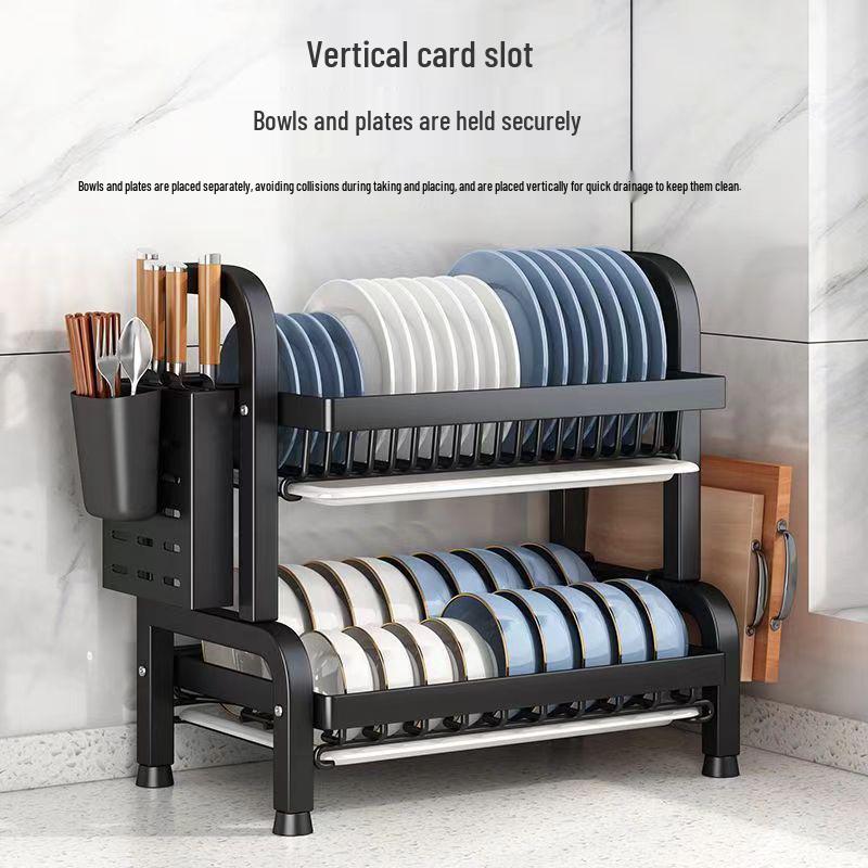 Multifunctional Kitchen Dish and Bowl Storage Rack with Drain and Chopstick Holder Black 2-Tier 2280₽